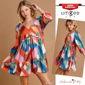 Umgee Abstract Geometric Print V-Neck Three Quarter Sleeves Tiered Dress | Wine
